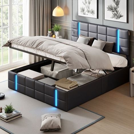 Cama cofre - Cama elevada hidráulica 160x200cm - LED RGB - 2 puertos USB - Almacenamiento 0.4m³ PU negro