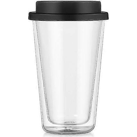 Doppelwandiger, isolierter Glasbecher mit Silikondeckel für heiße und kalte Getränke, Tee und Milch, aus hochbeständigem Borosilikatglas, schwarz, 350 ml (1/3)