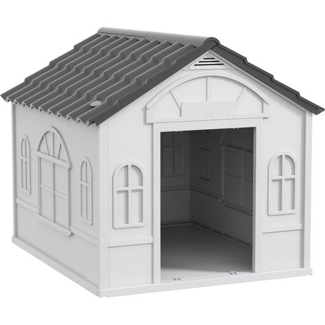 Niche pour chien extérieure en plastique gris, toit incliné, fenêtre et ventilation, 65 x 75,7 x 63 cm, pour chiens jusqu’à 20 kg, facile à nettoyer  CHICFURN (1/5)