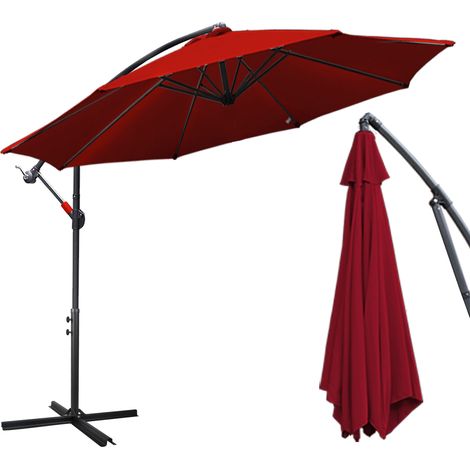 Parasol avec manivelle résistant aux intempéries 350 cm x 350 cm acier polyester rouge (1/5)