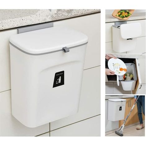 Composteur de cuisine, poubelle de 9 L, à poser sur le plan de travail ou sous l'évier, petite poubelle suspendue avec couvercle pour salle de bain/chambre, composteur d'intérieur (gris) (1/5)