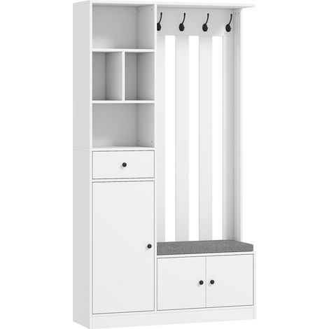 Meuble d'entrée 4 en 1, porte-manteau avec coffre à chaussures, étagère ajustable, 4 patères, 100x30x180cm, blanc (1/5)