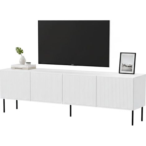 Mobile porta TV Priocca, Madia da salotto con quattro ante battenti, Rialzato da terra, 200x42 h52 cm, Bianco