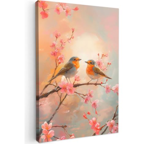TABLEAU SUR TOILE Merle - Ornemental - Branche fleurie Cadre Décoration Murale 40x60 cm