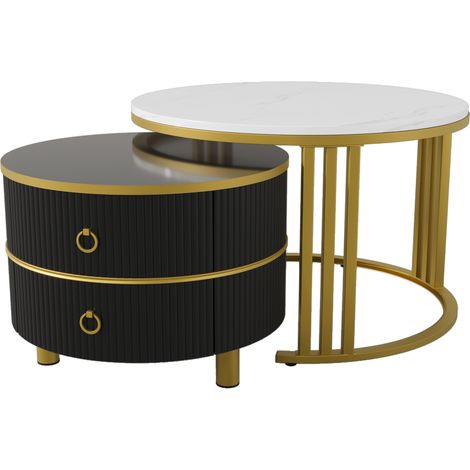 Runde Couchtische 2er Set mit 2 Schubladen, Hochglanzplatte und Marmoroptik, Modern, aus MDF, Schwarz, 70×70×46 cm (1/5)