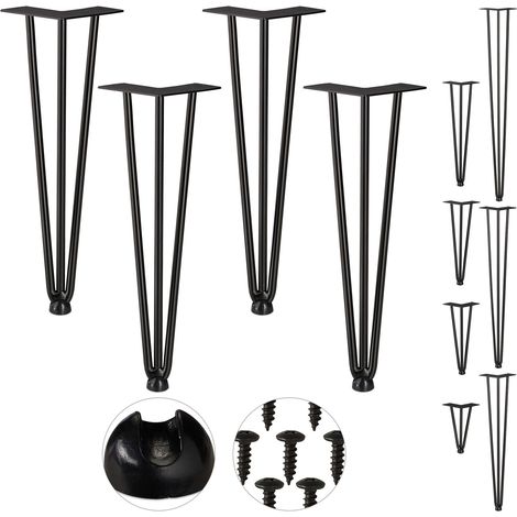 Relaxdays Pack 4 Patas Horquilla para Mesas, Muebles, Hairpin Legs, 3 Barras Metálicas, Acero y Goma, 40 cm Alto, Negro