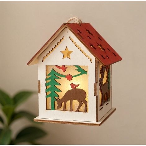 Maisonnette lumineuse suspendue en bois thème cerf, décoration sapin de Noël à LED (1/3)