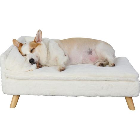 Hundesofa Katzensofa Haustiersofa mit Rückenlehne Plüsch Kissen Holzbeinen, Waschbar Hundecouch katzensessel für Hunde Katzen Welpen, Beige 80x50x39cm (1/5)
