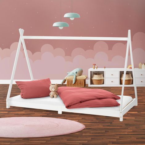 ML-Design Letto Montessori Tipi per Bambini 90 x 200 cm Bianco, in Legno di Pino Massiccio, con Rete a Doghe, Lettino Basso a Forma di Tenda Indiana, Giroletto Singolo a Capanna per Cameretta