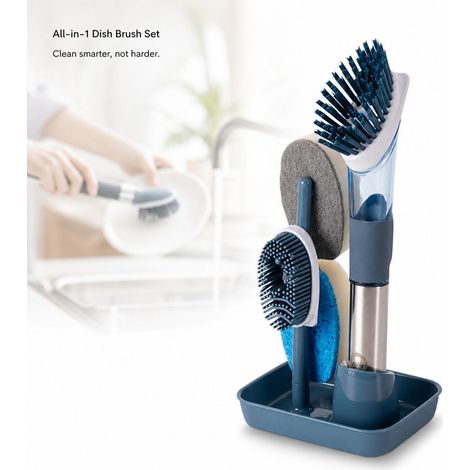 Brosse Vaisselle 4-en-1 - Acier Inoxydable - Bleu - Distributeur de Savon - Têtes Remplaçables - Ergonomique pour Cuisine (1/5)