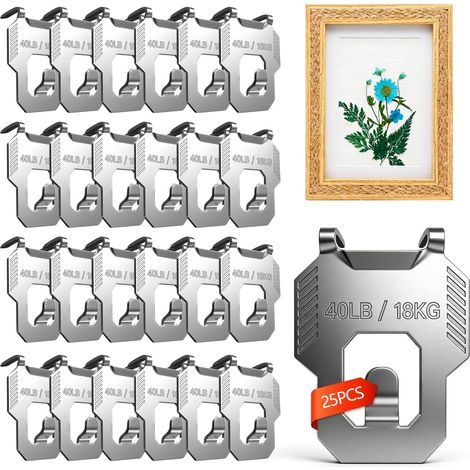 25 Accroche Tableau Sans Percer Capacité de 40 Lb Crochet Mural Acierinox pour Suspension Photos Miroirs Peinture Fixation Murale Sans Percer pour Cloisons Plâtrées Argent Accroche Tableau (1/5)