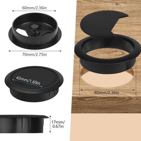 Flintronic Set mit 6 Kabeldurchführungen für Schreibtische, 60-mm-Kabeldurchführungen für Computertische, mit 60-mm-Lochsäge, Kabelorganisator für Zuhause und Büro (Schwarz) (1/3)