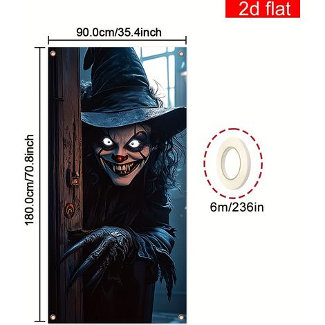 Décoration de porte d'Halloween, rideau de salle de bain Faucheuse, bannière décorative tête de mort effrayante - 90 x 180 cm (perforée + ruban) - Style 20