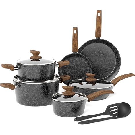 12 Pièces Casseroles et Poêles Anti-adhésif Noir Induction Revêtement avec Couvercle en Verre Set de Casserole et Poêle Batterie de Cuisine à Induction, Cuisinières à Gaz (1/5)
