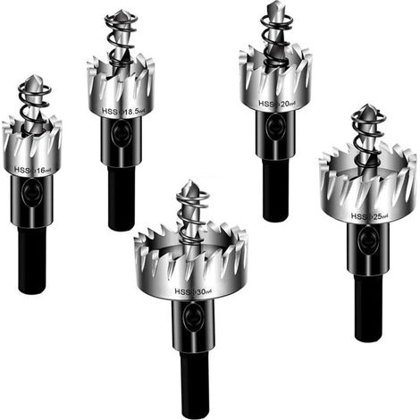 5 scies cloches HSS4341 - Fraises carbure pour forage - Trépans acier inoxydable - Diamètres 16-30mm - Argent - Qualité professionnelle