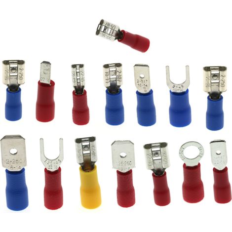 Kit assortiment de 280 connecteurs électriques isolés vinyle pour fils : dominos, anneaux, fourches, déconnexion rapide, terminals à sertir cuivre auto étanche (1/2)