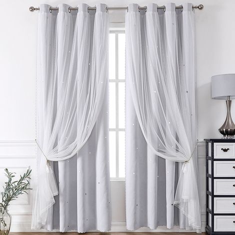 Cortinas opacas de encaje de doble capa, aptas para dormitorios, salas de estar y salones (juego de 2 piezas, 132x160 cm, gris). (1/5)