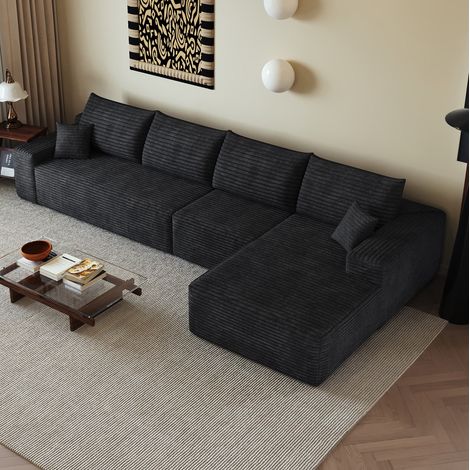 Canapé d’angle modulaire 340 cm noir en tissu côtelé avec méridienne réversible sans montage (1/5)