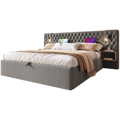 Bettanlage Schlafzimmer Komplett Set,Polsterbett Hydraulisch Stauraumbett Doppelbett mit 2 Nachttischen, Kopfteil Leselicht mit USB Ladefunktion (1/5)
