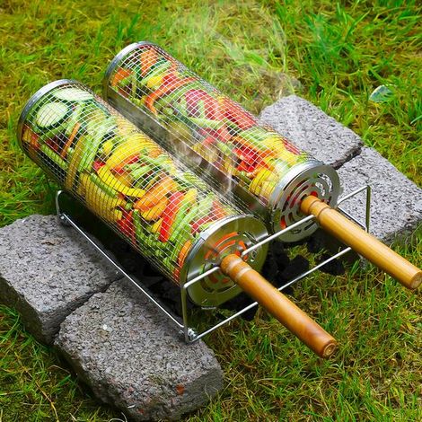 Panier à barbecue à roulettes - Le meilleur panier à barbecue qui soit, grille ronde en acier inoxydable - Grand compartiment avec 2 poignées en bois et 1 grand support (1/2)