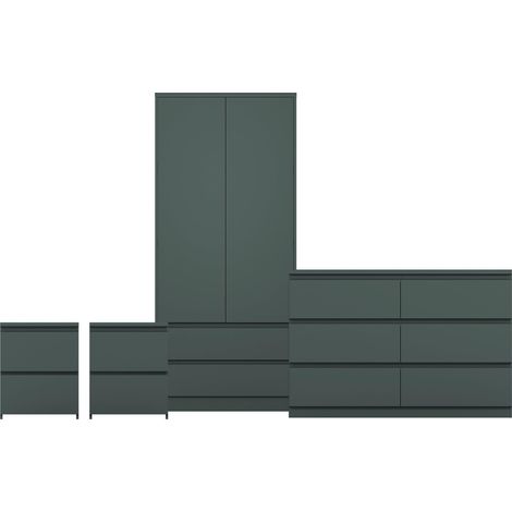Denver 4 Piece Bedroom Set (2 Drw Bedside Chest, 6 Drw Chest, 2 Door 2 Drw Wardrobe), Green (1/4)