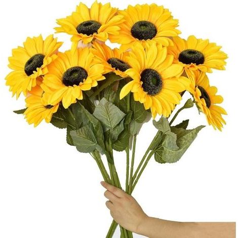 6PCS Grandes fleurs artificielles tournesols avec longue tige Faux tournesols en soie Décoration en vrac pour la maison le mariage l'extérieur (1/4)