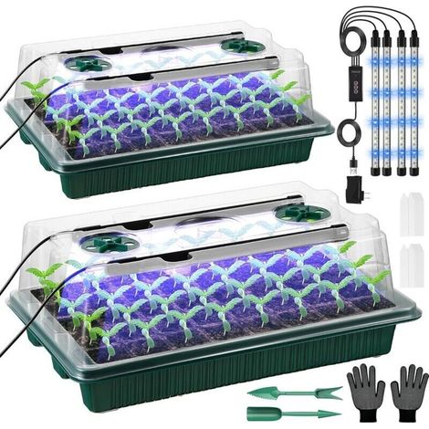 Serre pour Plantes kit,2 Pièces 80Cells Plateau de Semis,Kit de Culture Serre avec LED luminosité réglable,Température et humidité réglables,Avec étiquettes de plantes,outils de jardinage,gants (1/4)