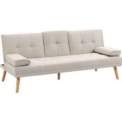 Canapé-lit 3 places avec dossier inclinable et table pliante, coussins latéraux, beige en imitation lin, 181 x 77 x 78 cm (1/5)