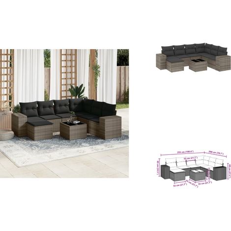 8-tlg. Garten-Sofagarnitur mit Kissen Grau Poly Rattan - Gartenmöbel Set - PE-Rattan Möbel - Outdoor Lounge - Esstisch Set - Balkonmöbel (1/3)