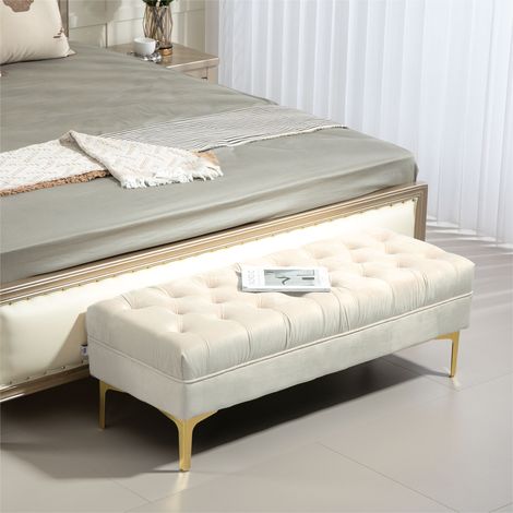 Banc banquette capitonnée bout lit classique 118x45x42 métal doré velours beige (1/5)