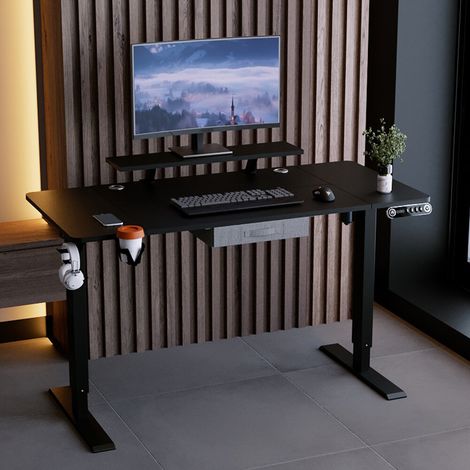 140x76cm Bureau Assis Debout Électrique, Bureau De 55 Pouces Avec Tiroirs Et Commande Manuelle De 4 Claviers Avec Fonction De Mémoire Automatique, Chêne