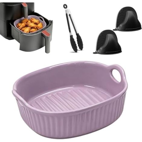 Plat à Gratin en Céramique 650 ml, Plat Carré avec Poignées, Compatible Four, Micro-ondes et Lave-Vaisselle, Anti-Rayures, Inclut 1 Paire de Maniques et 1 Pince de Service, Violet (1/5)