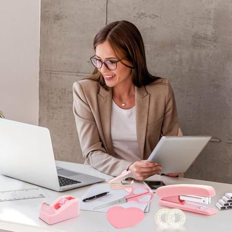 Agrafeuse - Extracteur Agrafes - Ruban Adhesif - Règle - Ciseaux - Set Bureau Rose - 18 Pièces (1/5)