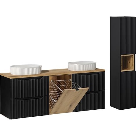 Conjunto de muebles con doble lavabo 160cm cesto y columna Riva Negro y Madera