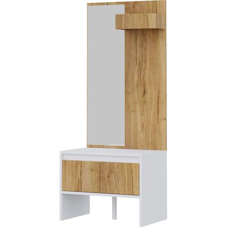 Recibidor con perchero, espejo, banco zapatero y 2 cajones blanco y natural 60x38x145 cm (1/5)
