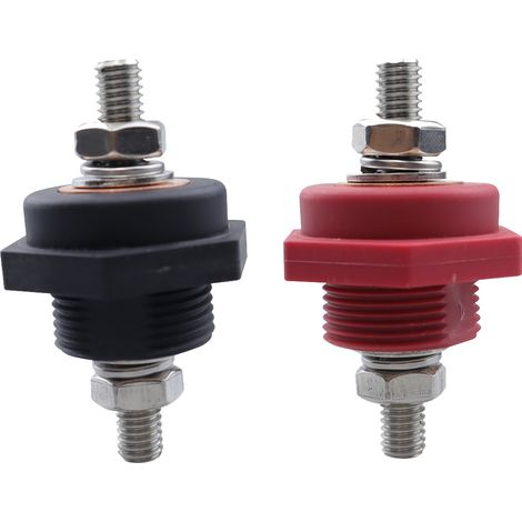 Connettori passanti per cavi batteria, compatibili con terminali con anima in rame da 3/8", rossi e neri.