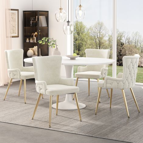 MEUBLIV Lot de 4 chaises de salle à manger beiges en velours avec pieds métalliques dorés (1/5)