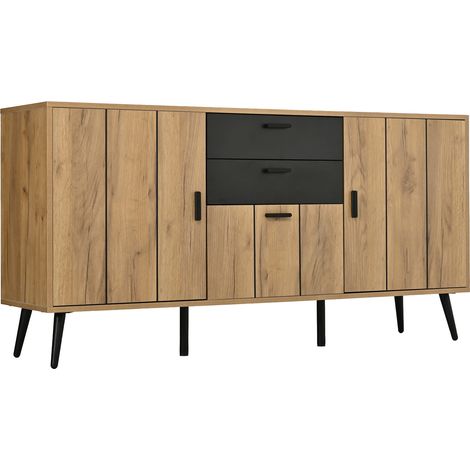 Aparador de salón MDF negro y color madera 140x35x67 cm con 2 cajones y 3 puertas HOMVRA (1/5)