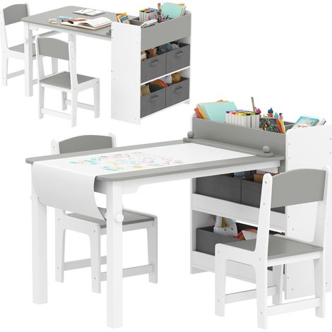 Ensemble table et 2 chaises enfant en bois avec rouleau de papier, étagères et tiroirs, pour fille garçon 3-8 ans, gris (1/5)