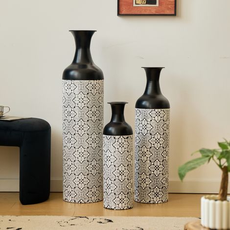 Vases sol géométrique noir/blanc – Lot 3 – Empilables – Fleurs séchées/Pampa – Salon/Couloir/Hôtel – Non étanche (1/5)