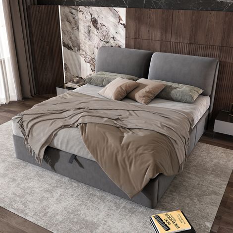 Cadre de lit en velours gris 160x200 cm, sommier à lattes intégré et tête de lit, coffre de rangement avec 3 tiroirs, mécanisme hydraulique, sans matelas