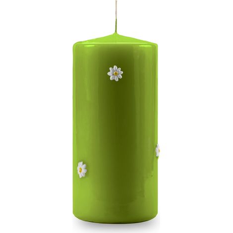 Bougie décorée de marguerites - Couleur pistache - Diamètre 7 cm Hauteur 15 cm - Durée 85 heures - Avec sac cadeau - Artisanat (1/5)