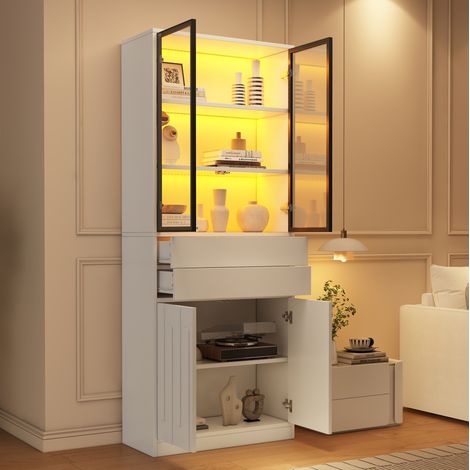 REDOM Vitrinenschrank 70x34x180 cm, mit Bluetooth LED und 2 Schubladen, höhenverstellbarer Boden, Spanplatte, weiß (1/5)