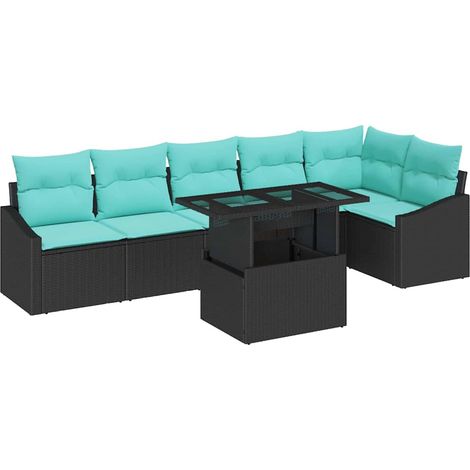 Conjunto de sofá de jardín 7 uds. Negro y azul ratán sintético vidaXL (1/5)
