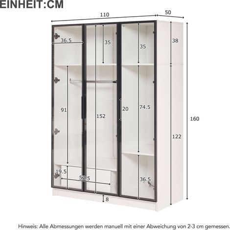 Kleiderschrank 110x50x160 cm Weiß, 3 Glastüren, Schlafzimmerspeicher – MEUBLIV (1/5)