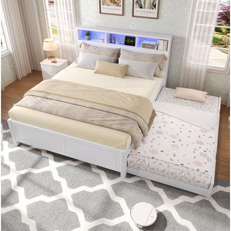 Lit double avec lit gigogne 90x190 cm, LED, prise intégrée, tête de lit rangement, blanc (1/5)