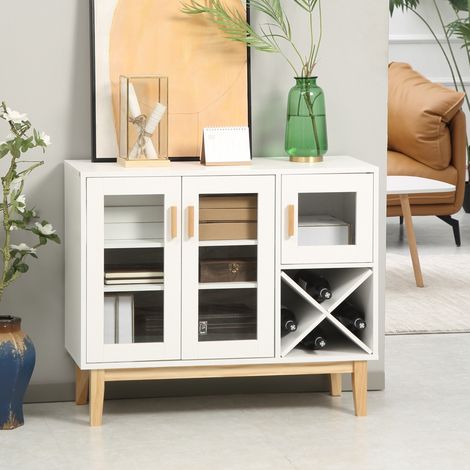 Buffet de cuisine HOMCOM avec 3 portes vitrées et casier à vin en forme de X pour 4 bouteilles, 90 x 37 x 75 cm, blanc