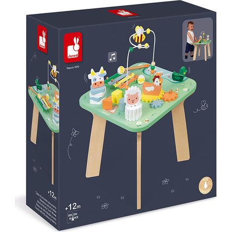 Janod J05327 Tavolo da attività in Legno Jolie Prairie, Giocattolo per l'Apprendimento Precoce con 7 attività, Verde, dai 12 Mesi, 36 x 36 x 53.5 (1/4)
