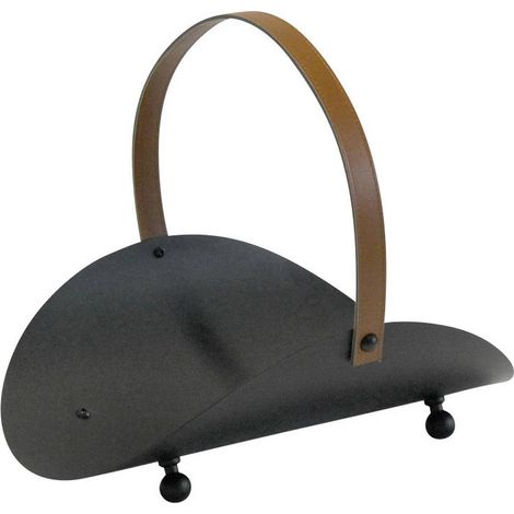 Portalegna acciaio nero con manico in ecopelle marrone h.43 l, 50x36 cm. Made in Italy
