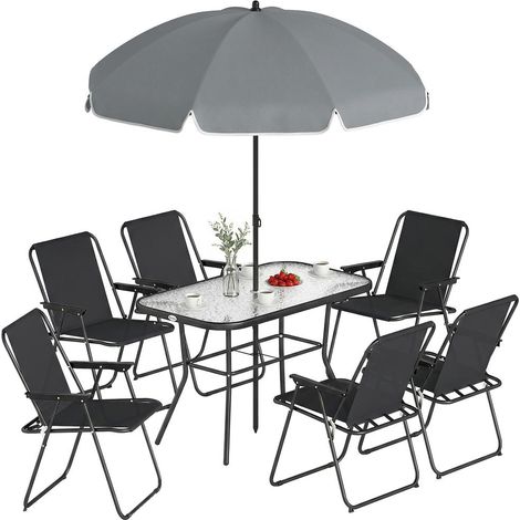 Salon de jardin 8 pièces repas 6 chaises pliantes table verre trempé et parasol noir pour terrasse (1/5)